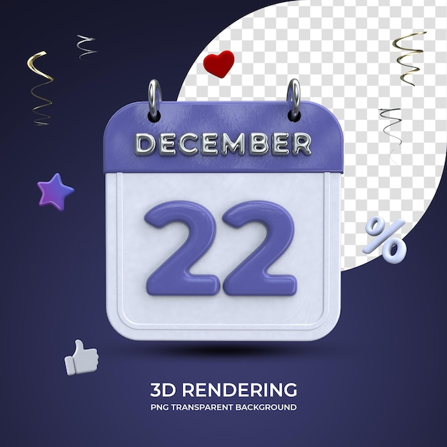 22 dicembre calendario rendering 3d isolato sfondo trasparente