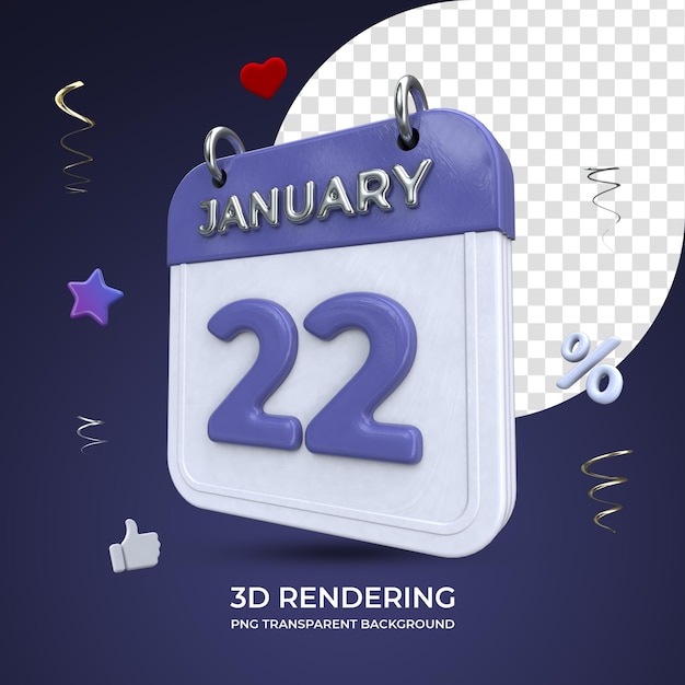 22 january calendar 3d rendering isolated transparent background