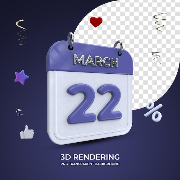 22 maart kalender 3d-rendering geïsoleerde transparante achtergrond