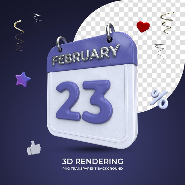 23 february calendar 3d rendering isolated transparent background