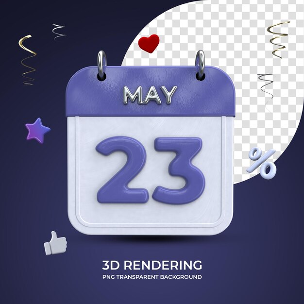 PSD 23 maggio calendario rendering 3d isolato sfondo trasparente