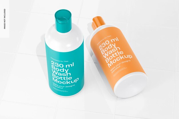 230 ml body wash bottles mockup, high angle view