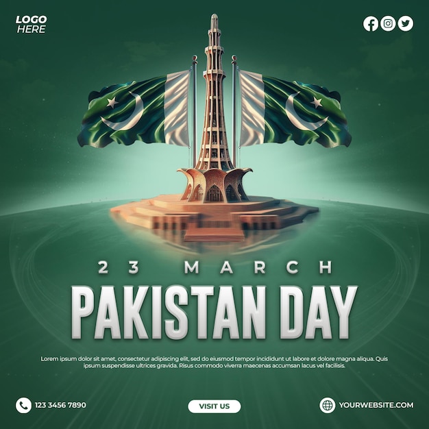 PSD 23 marzo, giorno della risoluzione del pakistan, post su instagram o modello di banner sui social media