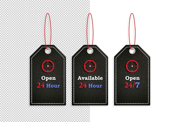 PSD 24 godziny otwarte, 24 7 otwartych etykiet, dostępne 24-godzinne odznaki. przez cały dzień otwarte informacje tekstowe w sklepie renderowanie 3d