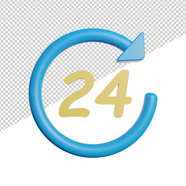 PSD 24 hours clock time front view 3d icon rendering illustration on transparent background