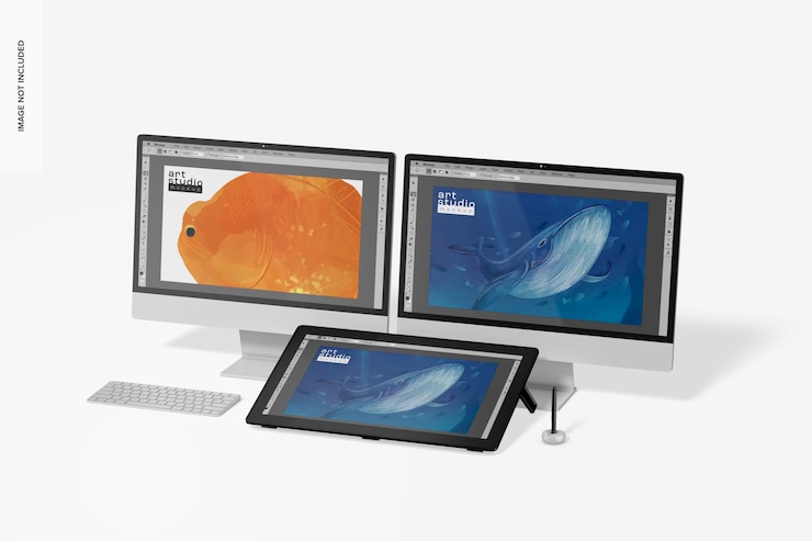 PSD 24 inch drawing table with mac mockup perspective 02