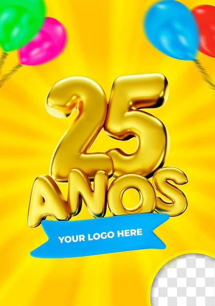 25 anos in brazil label happy 25th birthday gold 3d render