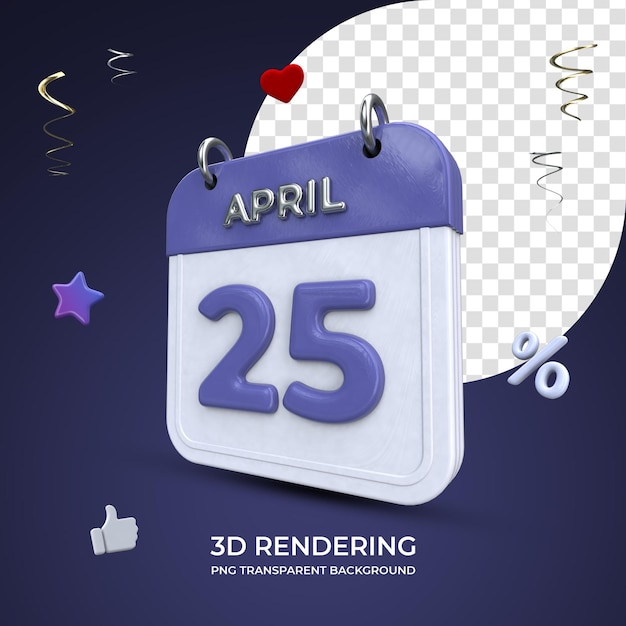 25 april kalender 3d-rendering geïsoleerde transparante background