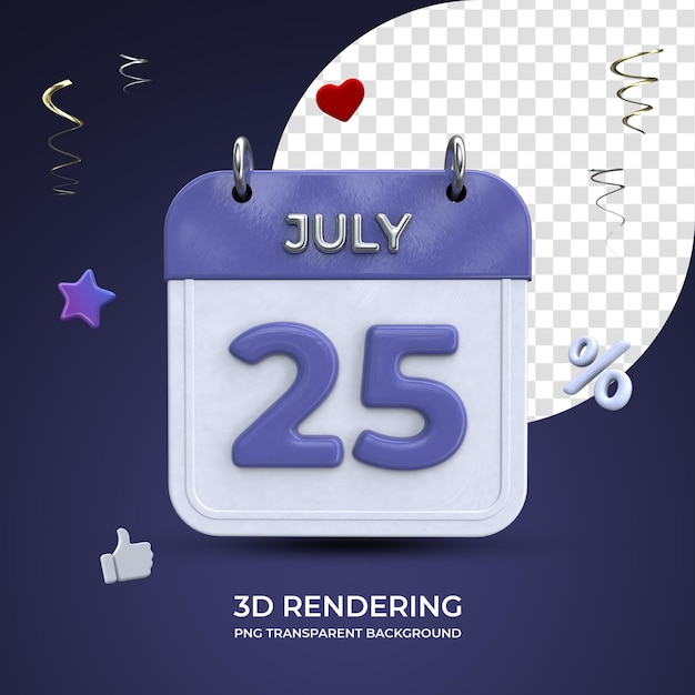 25 luglio calendario rendering 3d isolato sfondo trasparente