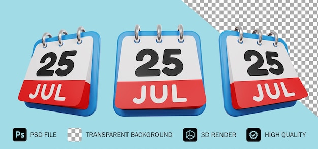 25 luglio giorno calendario 3d render premium psd