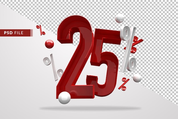 25 percentuale di segno di percentuale 3d numero rosso, modello di file psd