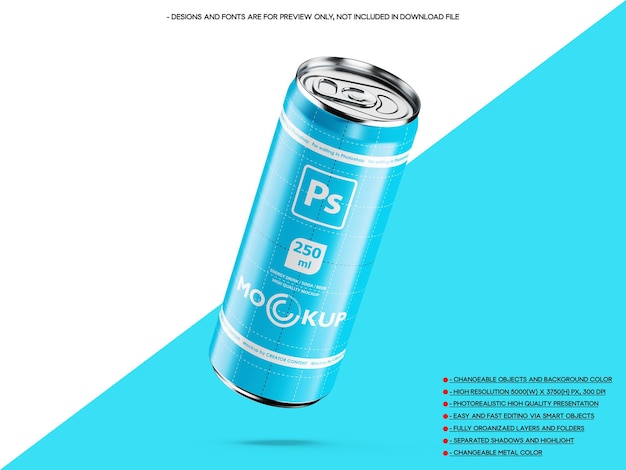 Lattina di soda per bevande energetiche da 250 ml mockup n14