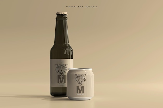 Mockup di bottiglia e lattina di birra da 250 ml