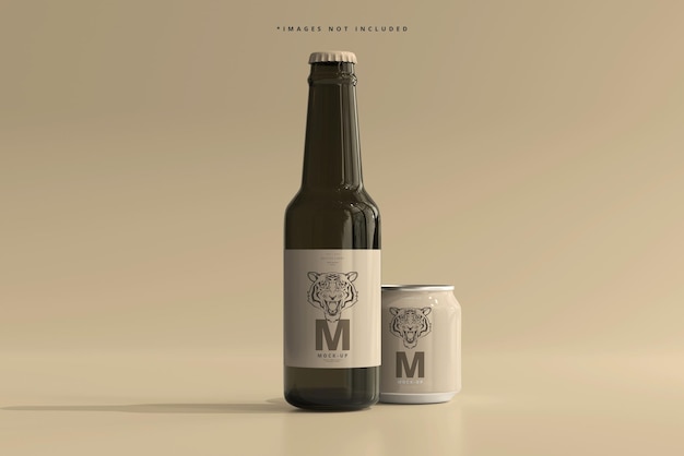 Mockup di bottiglia e lattina di birra da 250 ml