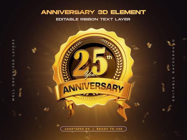 PSD 25th anniversary celebration 3d golden badge template for composition