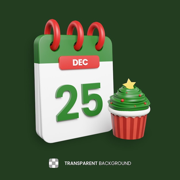 25th December Calendar and cupcake 3D Illustration