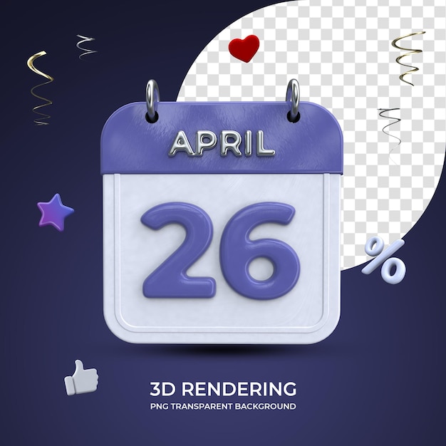 26 april calendar 3d rendering  isolated transparent background