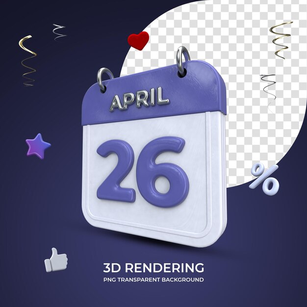 26 aprile calendario rendering 3d isolato sfondo trasparente