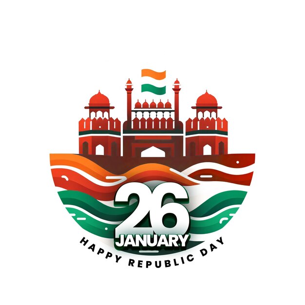 PSD 1月26日 インド共和国記念日 インド国旗の波がフラットスタイル レッドフォート