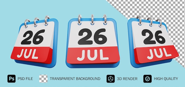 26 july day calendar 3d render premium psd