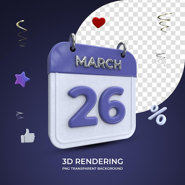 26 марта календарь 3d-рендеринга изолированный прозрачный фон