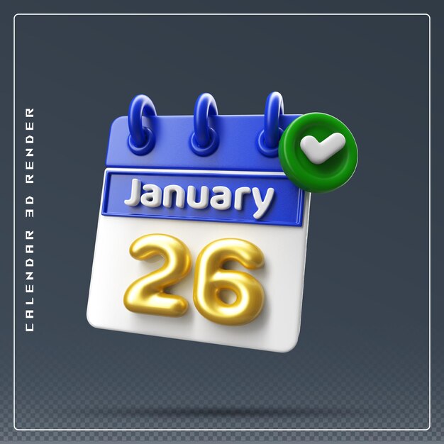 26th January Calendar with Checklist Icon 3D Render
