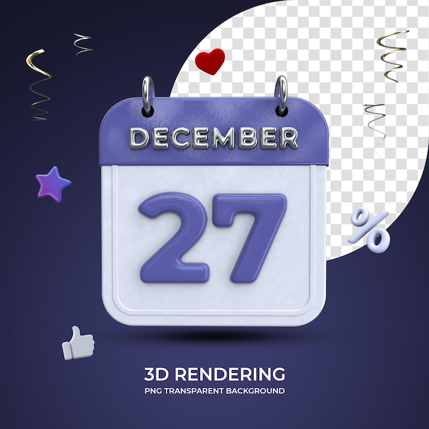 27 dicembre calendario rendering 3d isolato sfondo trasparente