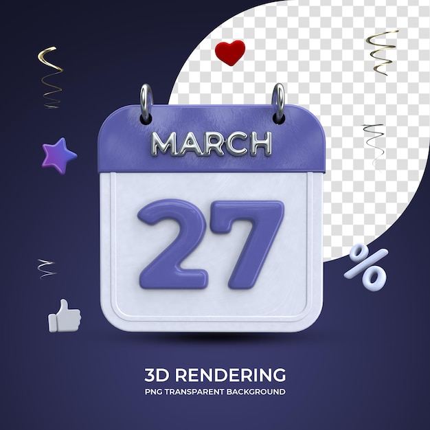 3월 27일 달력 3d 렌더링 절연 투명 배경