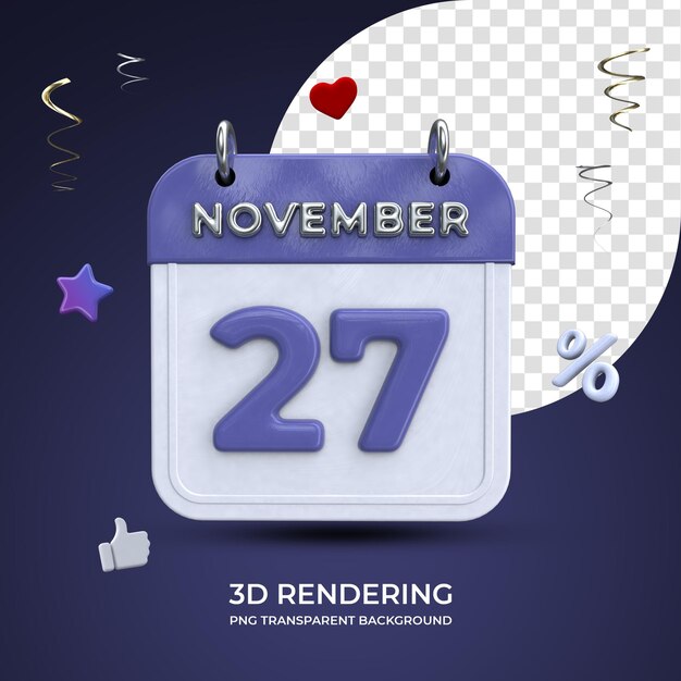 27 novembre calendario rendering 3d isolato sfondo trasparente