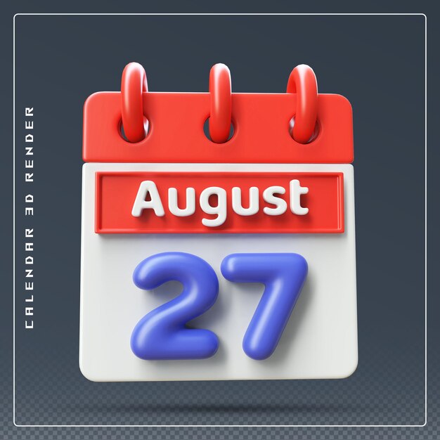 PSD rendering 3d dell'icona del calendario del 27 agosto