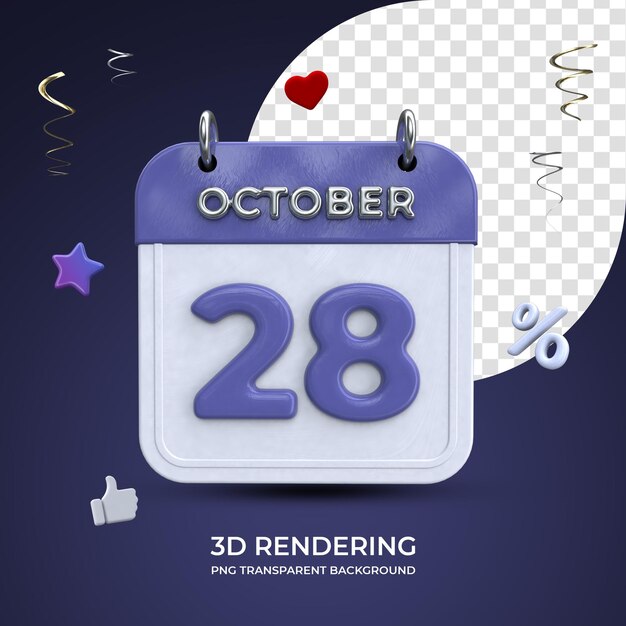 PSD 28 ottobre calendario rendering 3d isolato sfondo trasparente