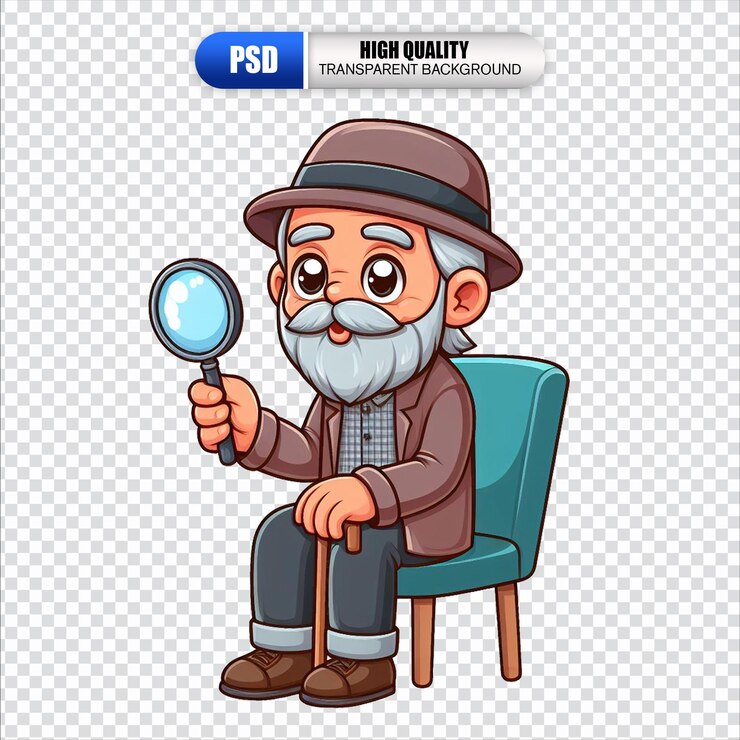 PSD 확대 유리를 바라보는 노인의 2d 만화