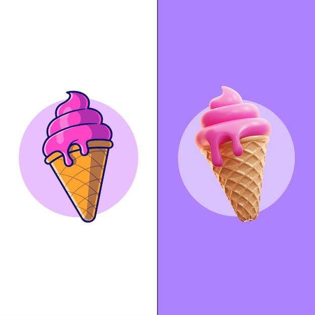 2d en 3d Ice Cream Cone Cartoon Vector Icon Illustratie Voedsel Drink Icon Geïsoleerde Platte Vector