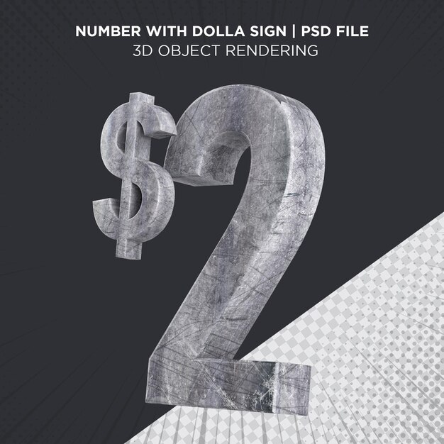 2Dollar Number Two dollar USD Sign Metal 3d Rendering