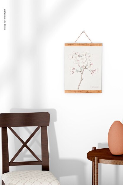 PSD 3:4 wooden frame poster hanger with chair mockup