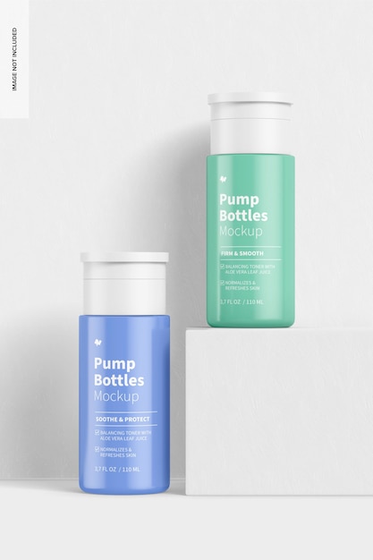 3.7 oz pump bottles mockup, on podium