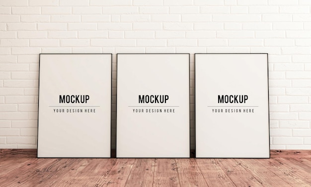 3 frames mockup psd-bestand drieframes mock up met houten vloer en witte bakstenen muur