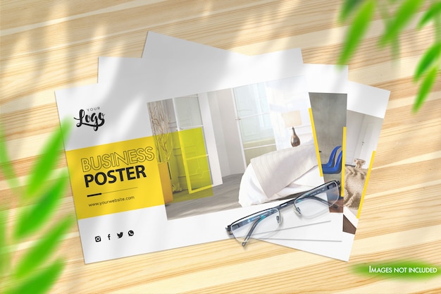 PSD 3 landscape posters photorealistic mockup top view