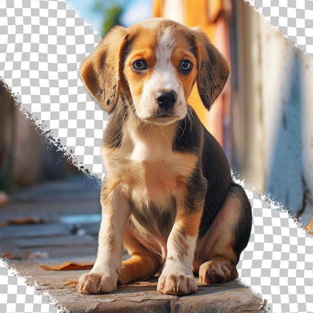 PSD cucciolo di beagle di 3 mesi che osserva suo padre su uno sfondo trasparente del marciapiede