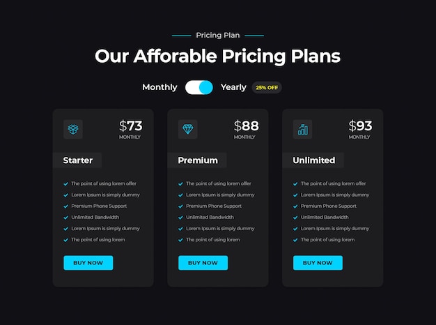 3 plan pricing table template design dark theme