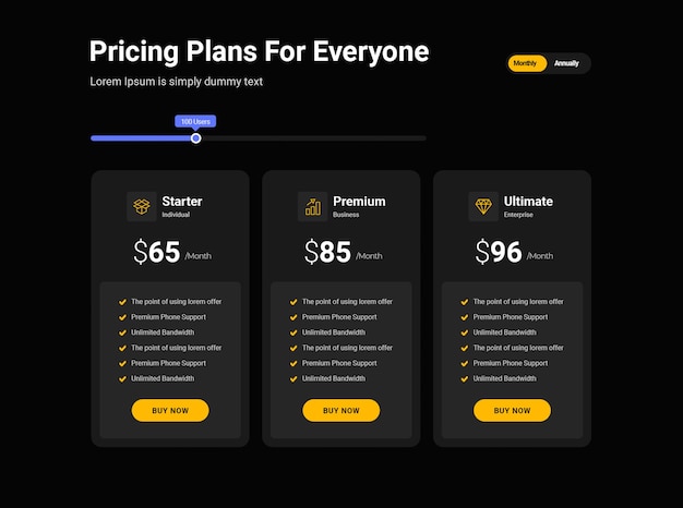 3 plan pricing table template design, dark theme