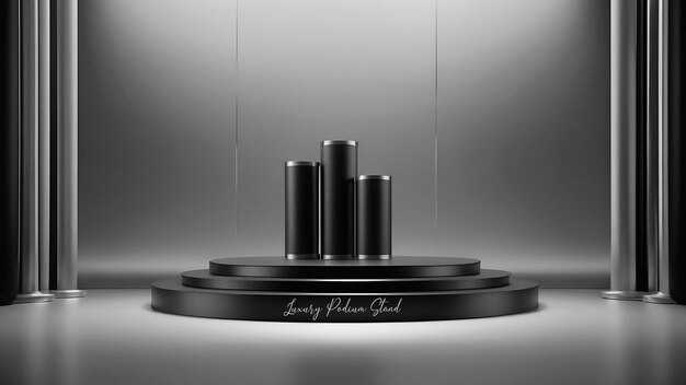 3 step podium mockup stand platform black pedestal cylinders with metal edge on gray studio backdrop