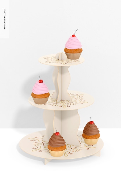 PSD 3-tier cardboard cupcake stand with wall mockup