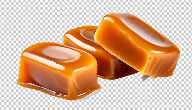 PSD 3 개의 토피 사탕과 카라멜 소스가 투명한 배경에 고립되어 있습니다.