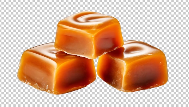 PSD 3 toffee candies with caramel sauce isolated on transparent background