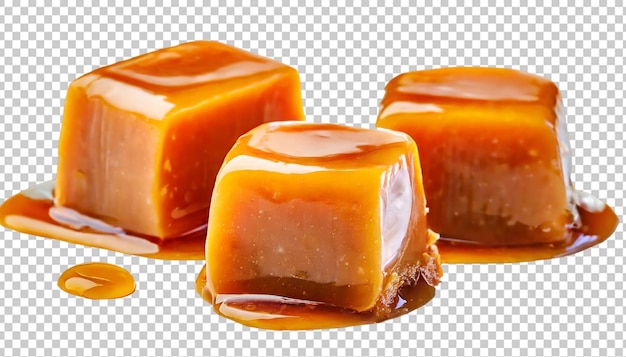 PSD 3 toffee snoepjes met karamel saus geïsoleerd op transparante achtergrond