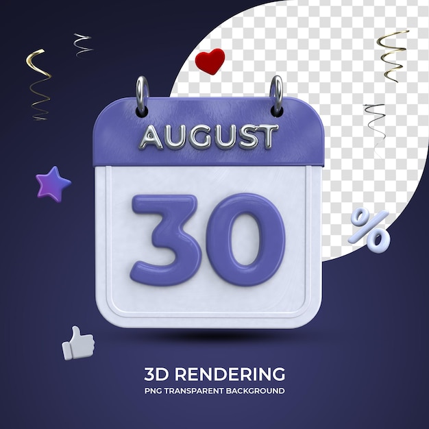 30 agosto calendario rendering 3d isolato sfondo trasparente