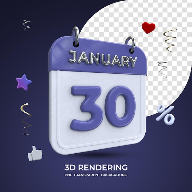 30 januari kalender 3d-rendering geïsoleerde transparante achtergrond