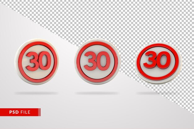 PSD 30 km speed limit 3d render set traffic sign floating on isolate background