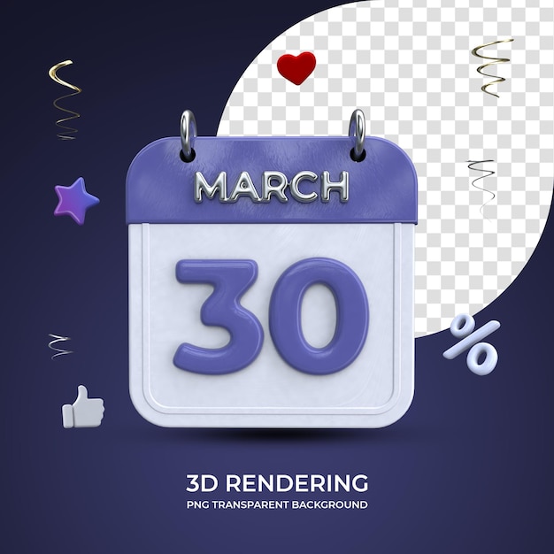 3월 30일 달력 3d 렌더링 절연 투명 배경